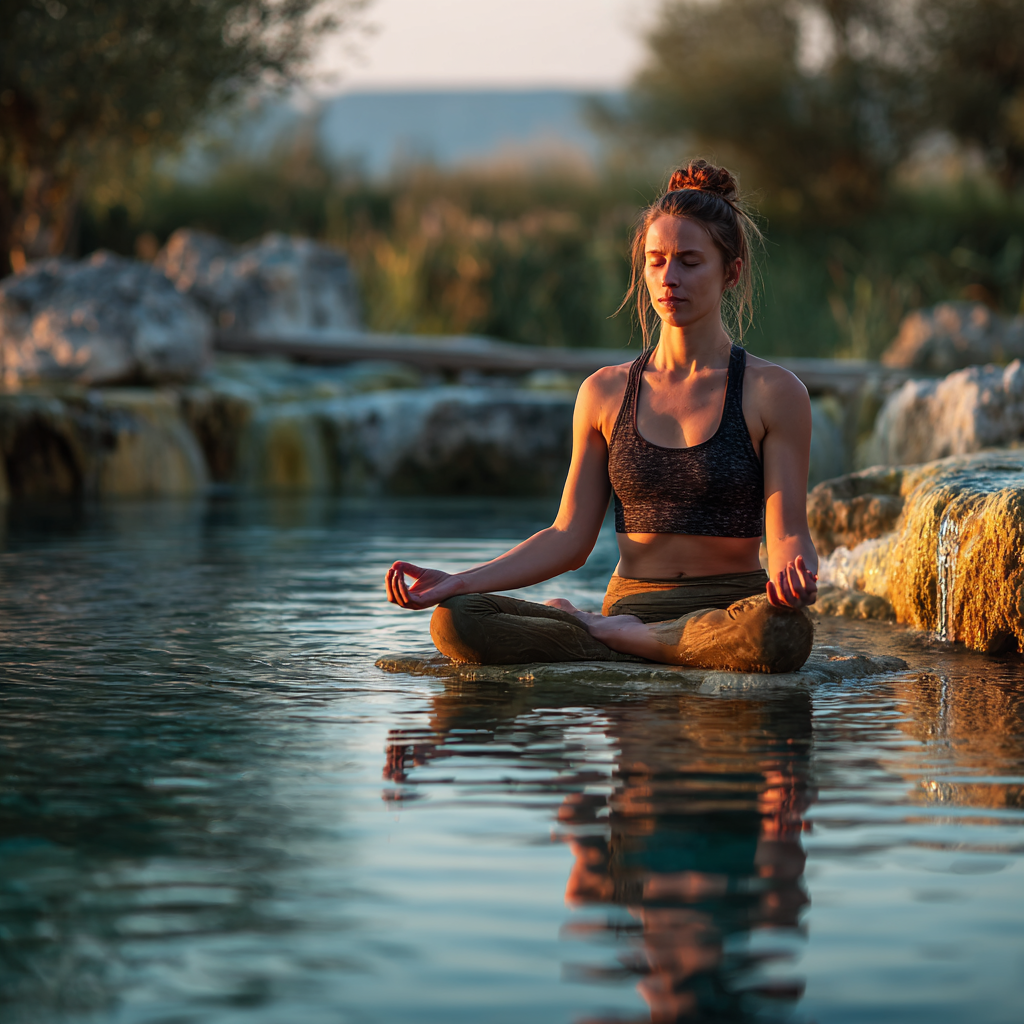 Magyar középkorú felnőttek csoportja természetes környezetben végez lágy jóga gyakorlatokat