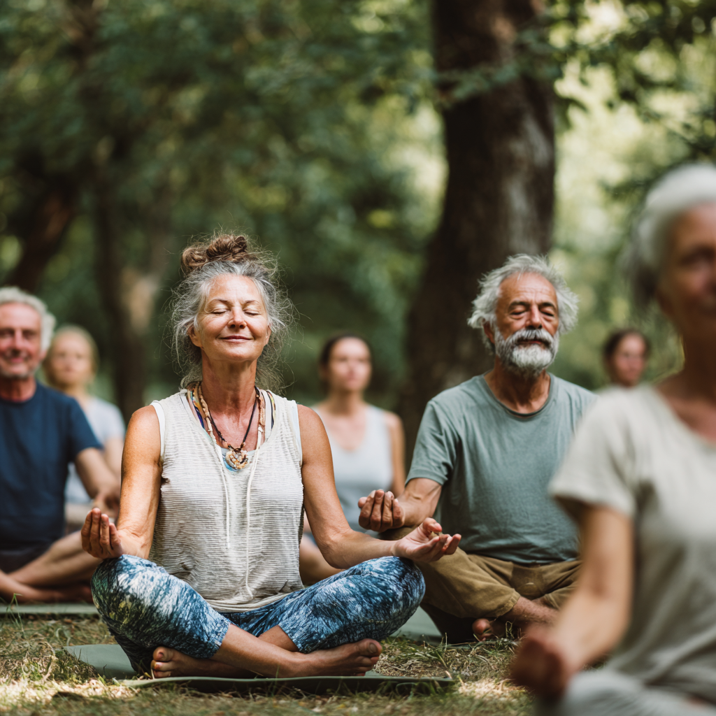 Különböző korosztályú magyar felnőttek békés jóga stúdióban relaxációs gyakorlatot végeznek
